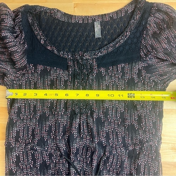 Free People Floral Boho Folk Leather Drawstring Chiffon Mini Dress Size Small - Picture 13 of 13